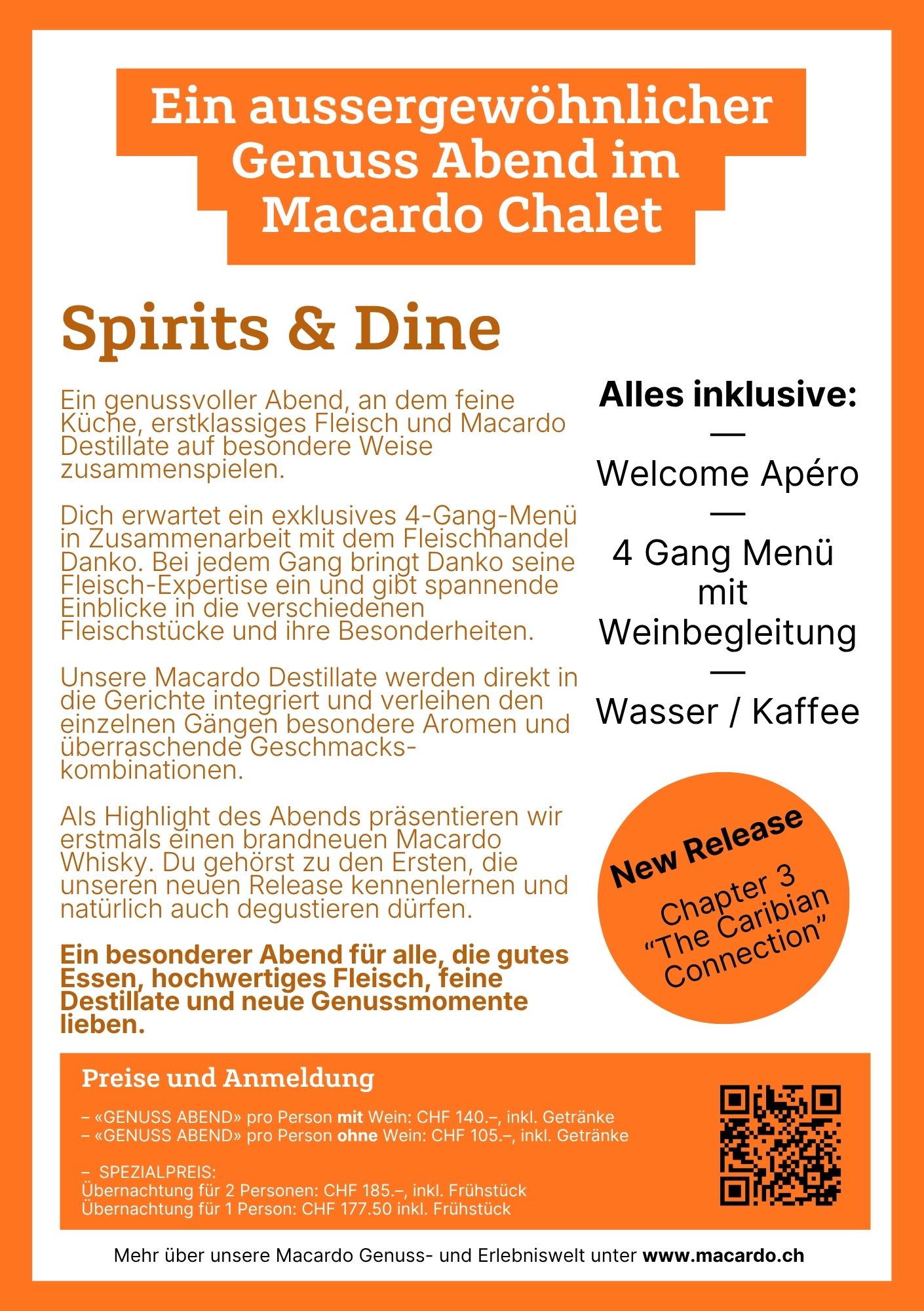 Flyer bewirbt Genussabend „Spirits & Dine“ im Macardo Chalet: feine Küche, erstklassiges Fleisch und Macardo Destillate. 4-Gang-Menü, Destillate in Gerichten und Premiere des neuen Whiskys „The Caribian Connection“. Preise & Anmeldung.